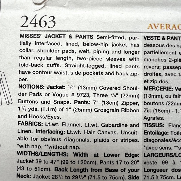 Vogue Sewing Jacket Pants Designer Bill Blass 2463 Semi Fitted 8 10 12 Pattern - Picture 3 of 5